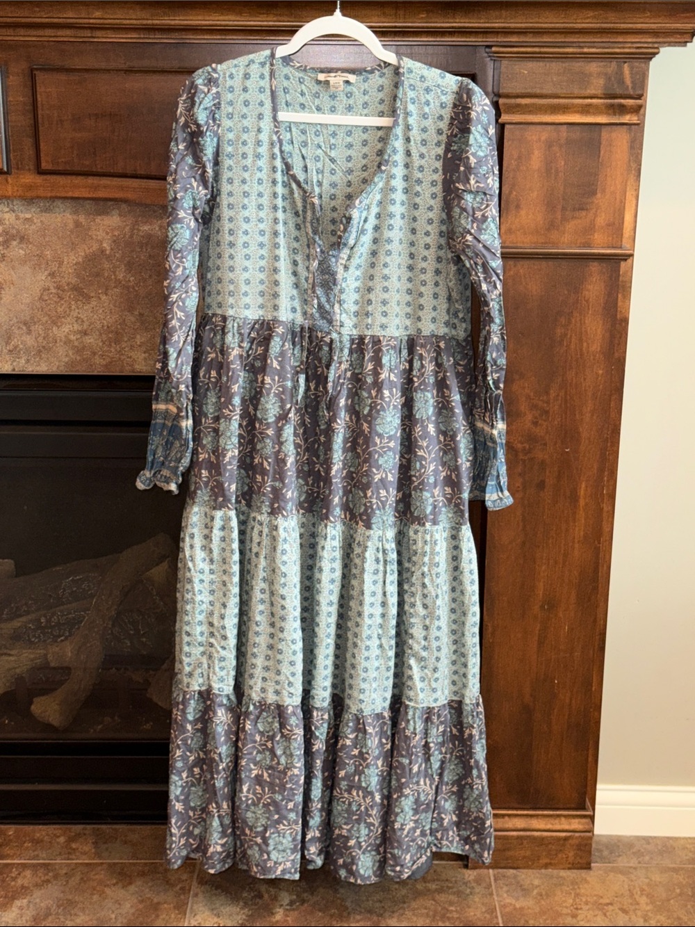 American Eagle Mixed Print Long-Sleeve Midi Dress boho prairie cottagecore L